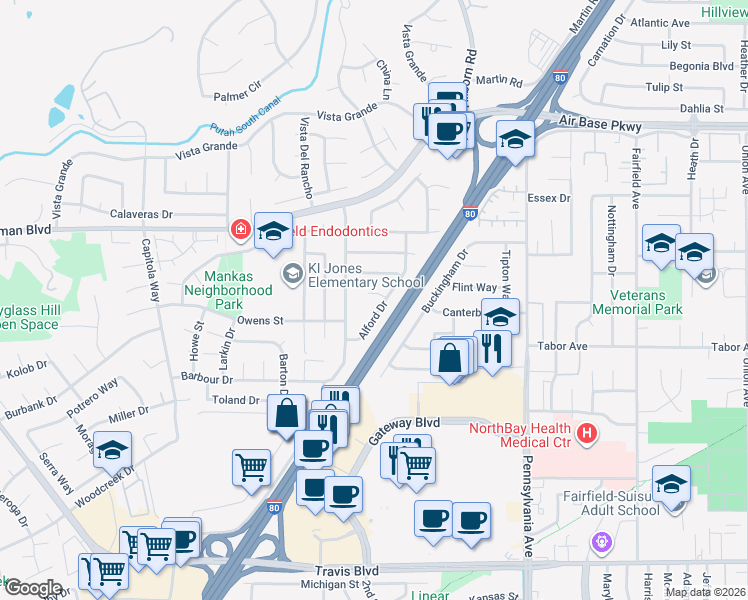 map of restaurants, bars, coffee shops, grocery stores, and more near 1749 Alford Drive in Fairfield