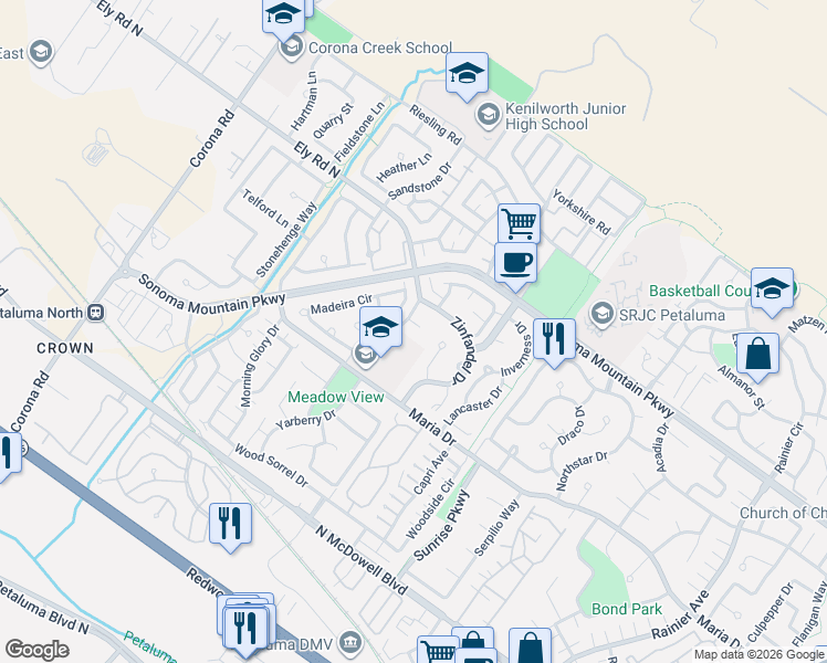 map of restaurants, bars, coffee shops, grocery stores, and more near 1623 Cabernet Court in Petaluma