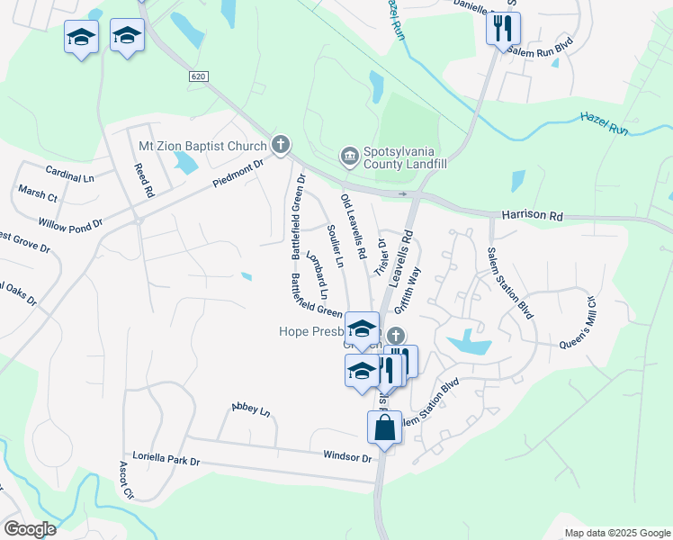 map of restaurants, bars, coffee shops, grocery stores, and more near 7016 Soulier Lane in Fredericksburg