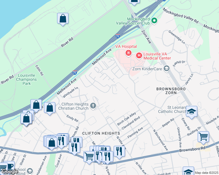 map of restaurants, bars, coffee shops, grocery stores, and more near 52 Lake Avenue in Louisville