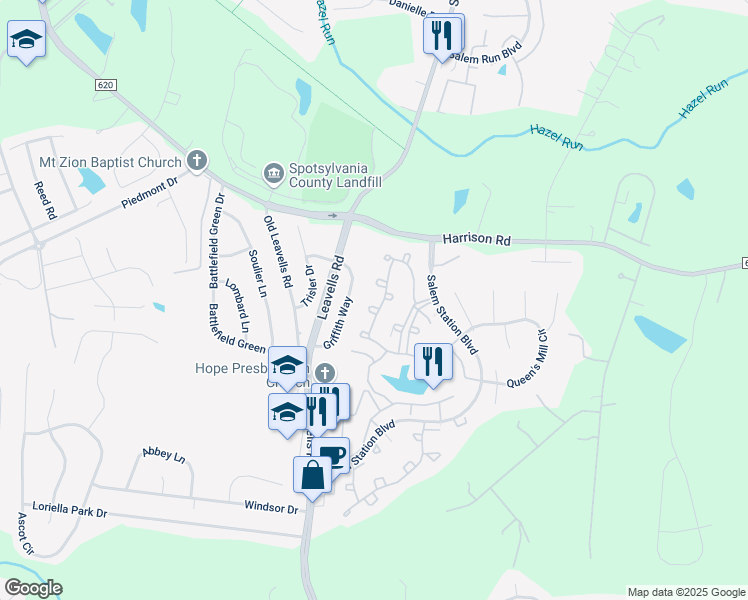 map of restaurants, bars, coffee shops, grocery stores, and more near 11505 Sturbridge Court in Fredericksburg