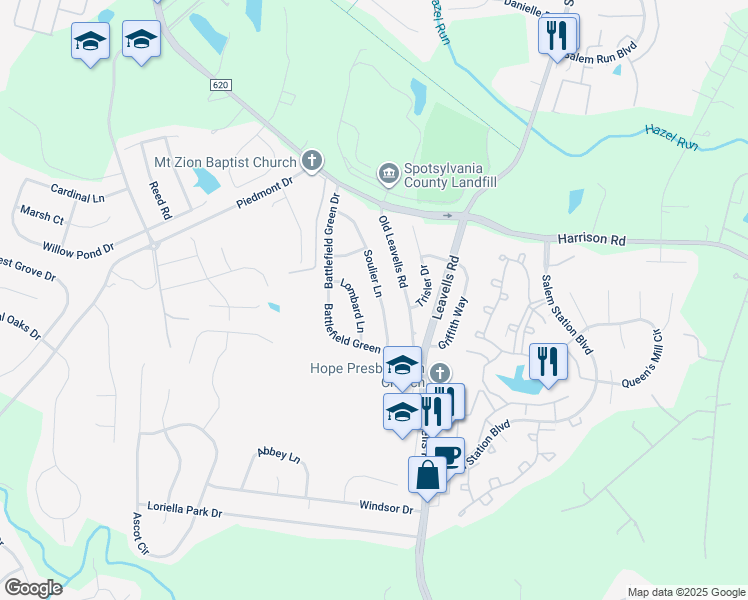 map of restaurants, bars, coffee shops, grocery stores, and more near 7016 Soulier Lane in Fredericksburg