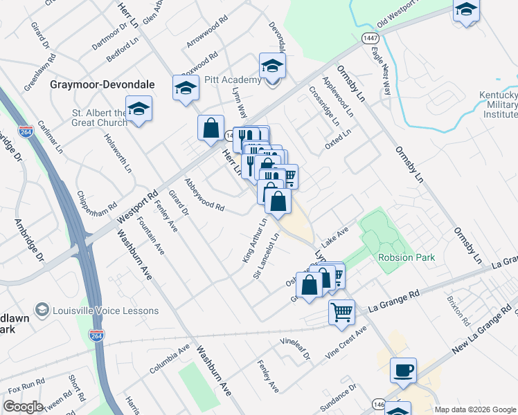 map of restaurants, bars, coffee shops, grocery stores, and more near 1108 Abbeywood Road in Louisville