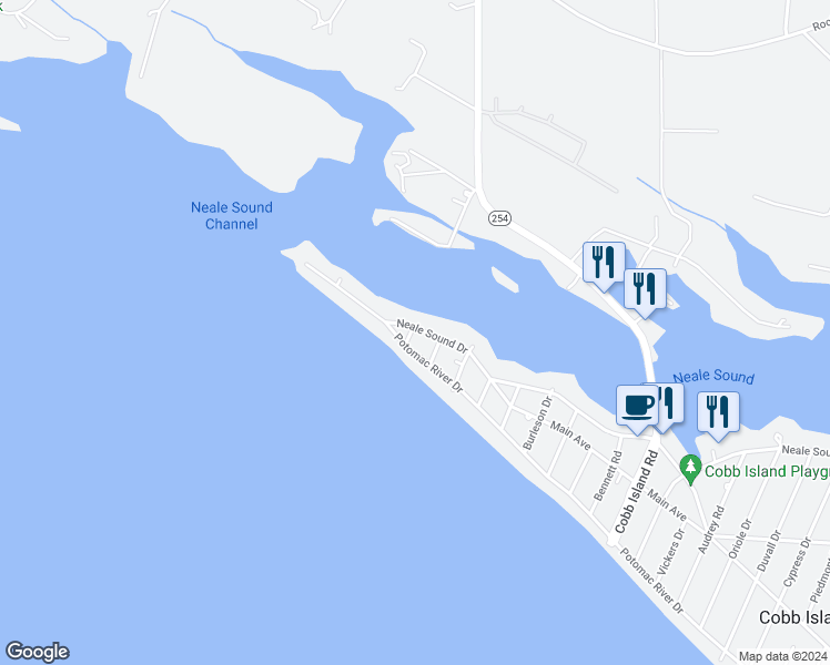 map of restaurants, bars, coffee shops, grocery stores, and more near 16100 Bridge Drive in Cobb Island