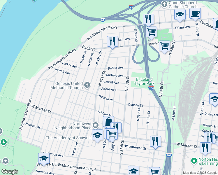 map of restaurants, bars, coffee shops, grocery stores, and more near 222 North 39th Street in Louisville