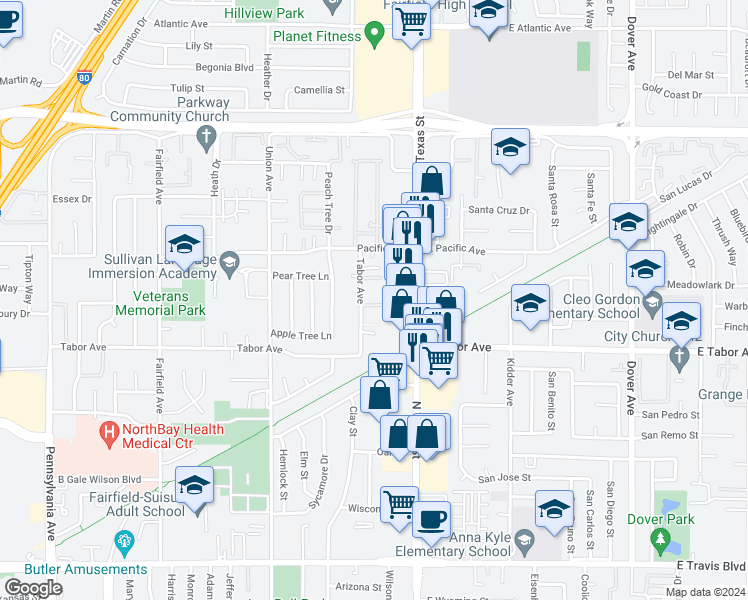 map of restaurants, bars, coffee shops, grocery stores, and more near 124 Tabor Avenue in Fairfield