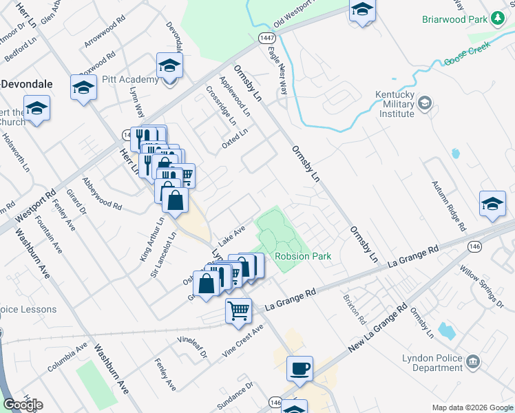 map of restaurants, bars, coffee shops, grocery stores, and more near 8139 Lake Way in Louisville