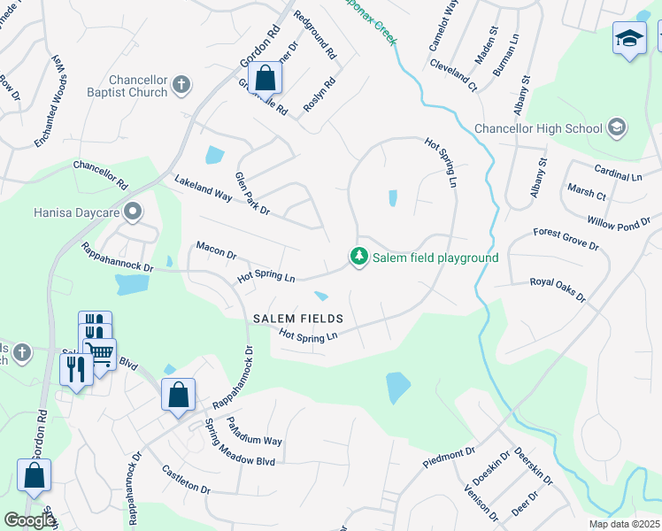 map of restaurants, bars, coffee shops, grocery stores, and more near 11201 Hollins Court in Fredericksburg