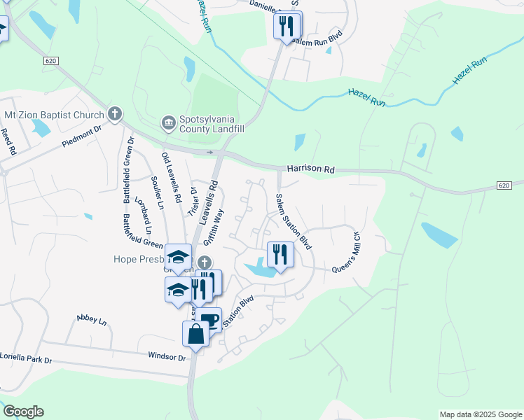 map of restaurants, bars, coffee shops, grocery stores, and more near 11312 Savannah Drive in Fredericksburg