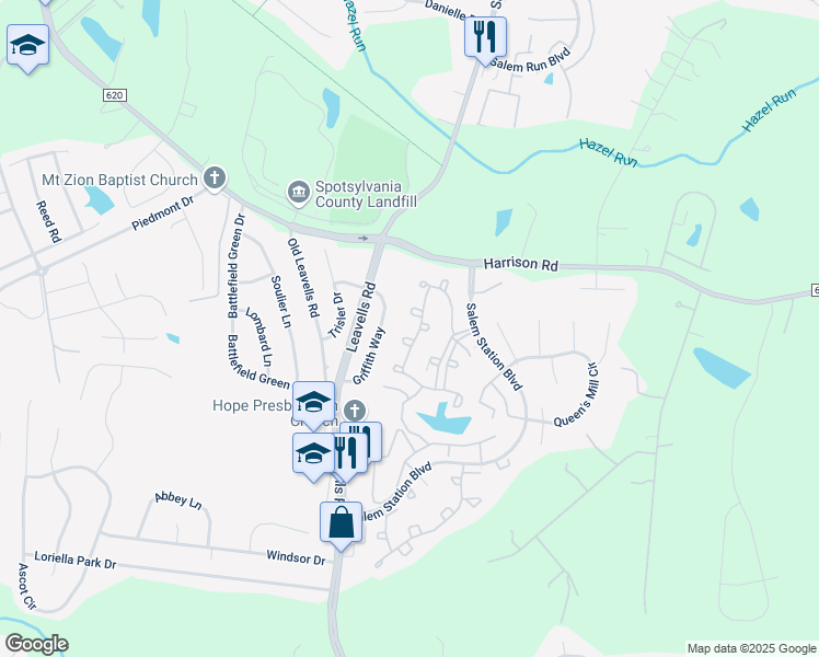 map of restaurants, bars, coffee shops, grocery stores, and more near 11505 Sturbridge Court in Fredericksburg
