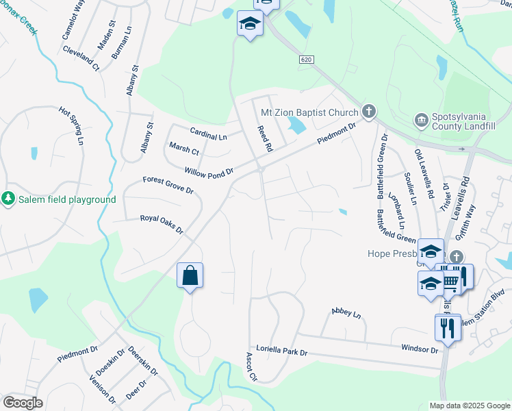 map of restaurants, bars, coffee shops, grocery stores, and more near 11441 Piedmont Drive in Fredericksburg