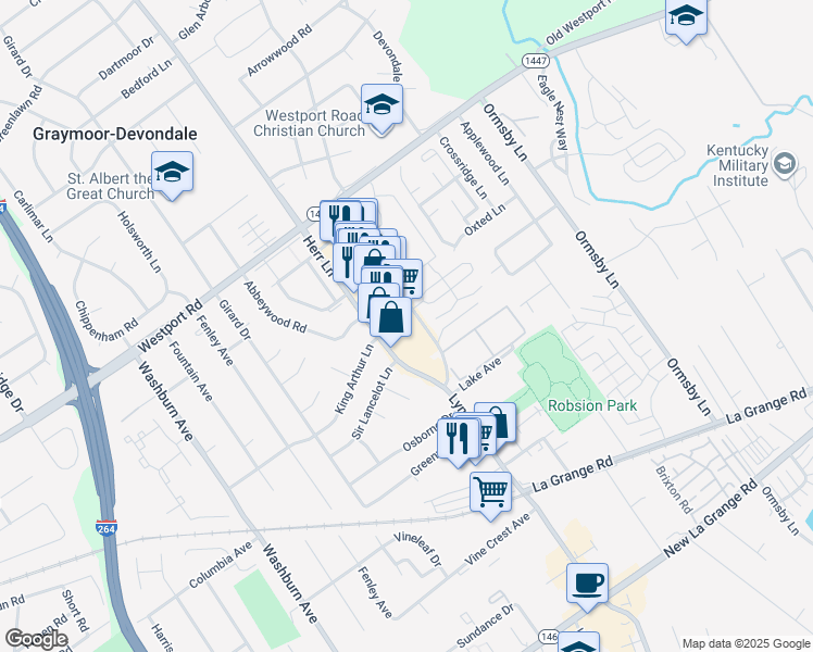 map of restaurants, bars, coffee shops, grocery stores, and more near 1102 Lyndon Lane in Louisville