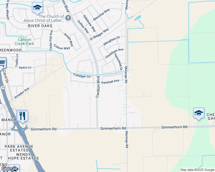 map of restaurants, bars, coffee shops, grocery stores, and more near 543 La Quita Court in Galt