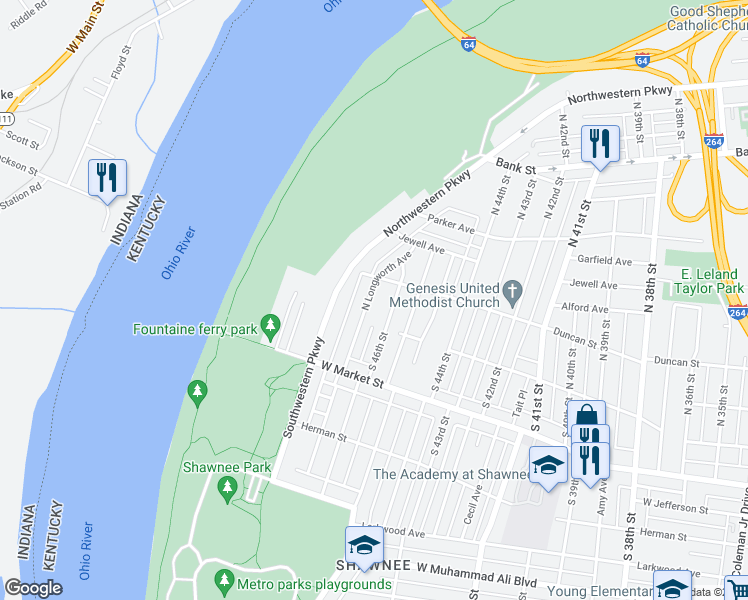 map of restaurants, bars, coffee shops, grocery stores, and more near 117 North Longworth Avenue in Louisville
