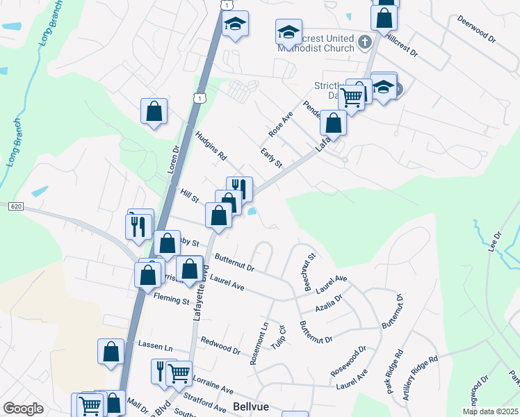 map of restaurants, bars, coffee shops, grocery stores, and more near 105 Wakeview Drive in Fredericksburg