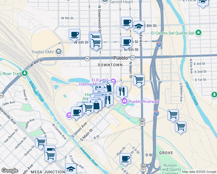 map of restaurants, bars, coffee shops, grocery stores, and more near in Pueblo