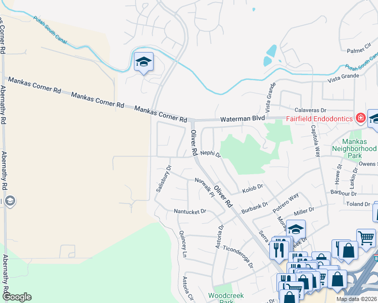 map of restaurants, bars, coffee shops, grocery stores, and more near 3525 Larchmont Drive in Fairfield