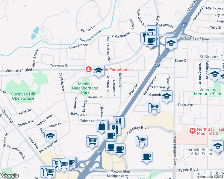 map of restaurants, bars, coffee shops, grocery stores, and more near 1979 Dorland Drive in Fairfield