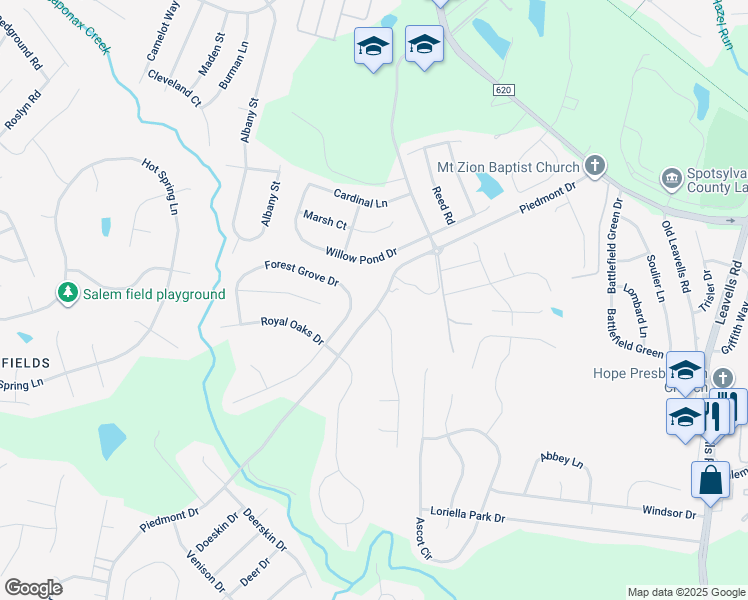 map of restaurants, bars, coffee shops, grocery stores, and more near 11426 Piedmont Drive in Fredericksburg