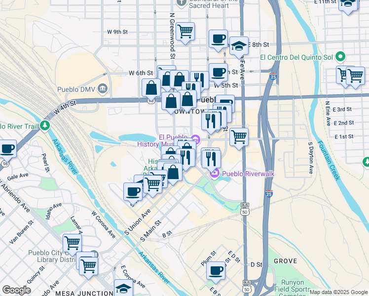 map of restaurants, bars, coffee shops, grocery stores, and more near 100 North Grand Avenue in Pueblo