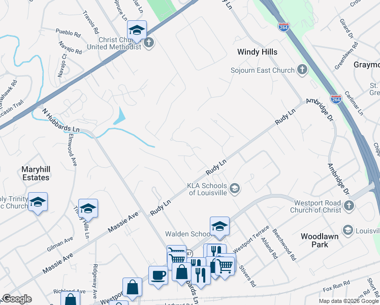map of restaurants, bars, coffee shops, grocery stores, and more near 6103 Windrow Place in Louisville