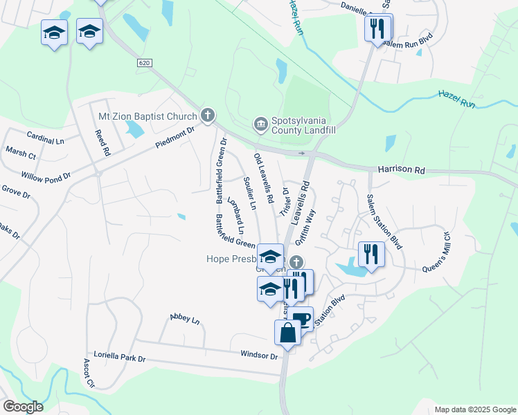 map of restaurants, bars, coffee shops, grocery stores, and more near 7017 Soulier Lane in Fredericksburg
