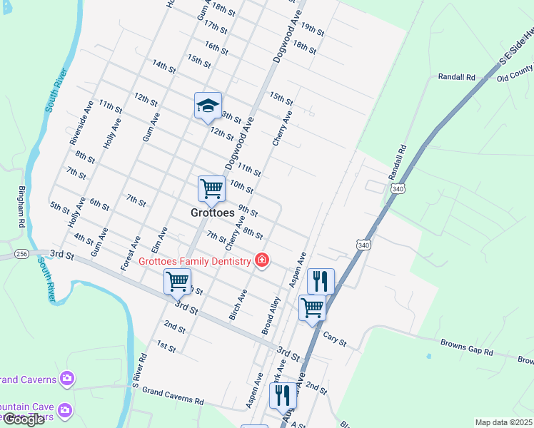 map of restaurants, bars, coffee shops, grocery stores, and more near 200 10th Street in Grottoes
