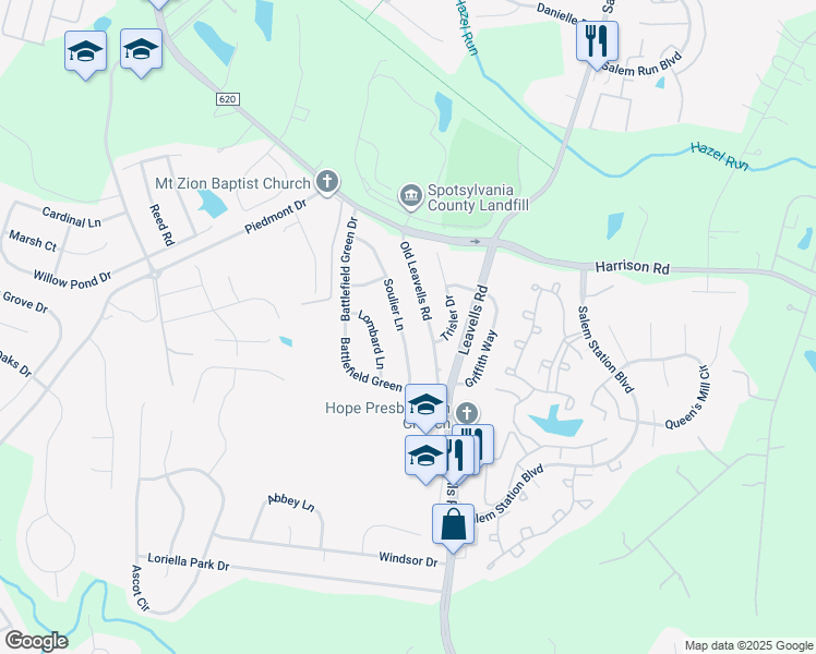 map of restaurants, bars, coffee shops, grocery stores, and more near 7017 Soulier Lane in Fredericksburg
