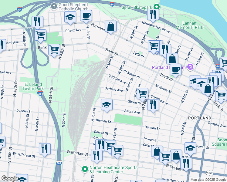 map of restaurants, bars, coffee shops, grocery stores, and more near 2838 Garfield Avenue in Louisville
