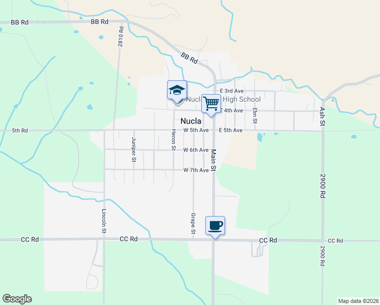 map of restaurants, bars, coffee shops, grocery stores, and more near 535 Grape St in Nucla
