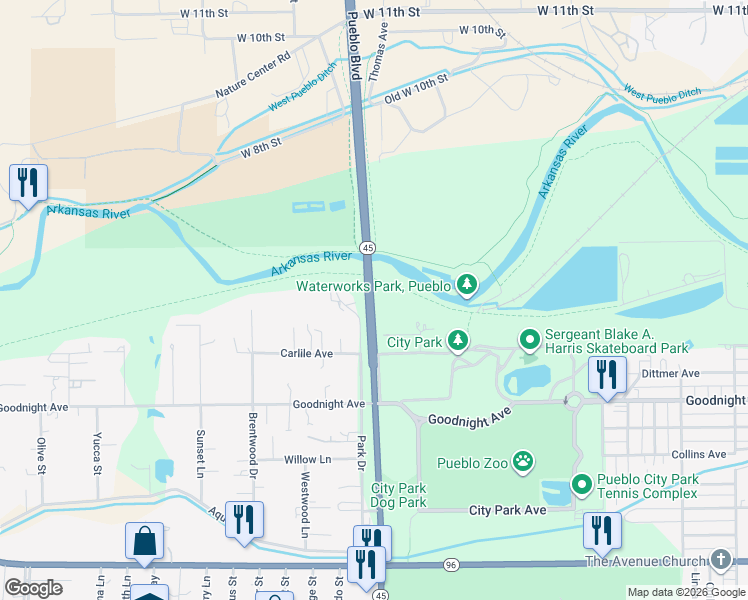 map of restaurants, bars, coffee shops, grocery stores, and more near 108 Park Drive in Pueblo