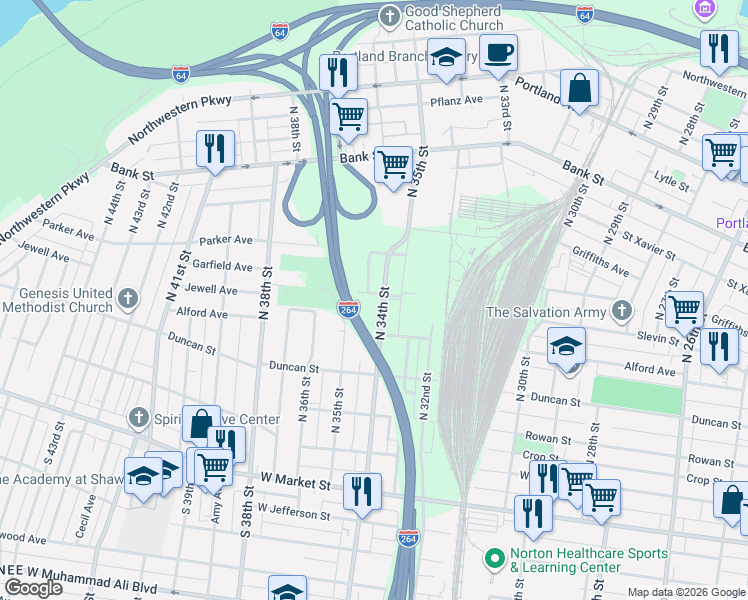 map of restaurants, bars, coffee shops, grocery stores, and more near 511 North 34th Street in Louisville
