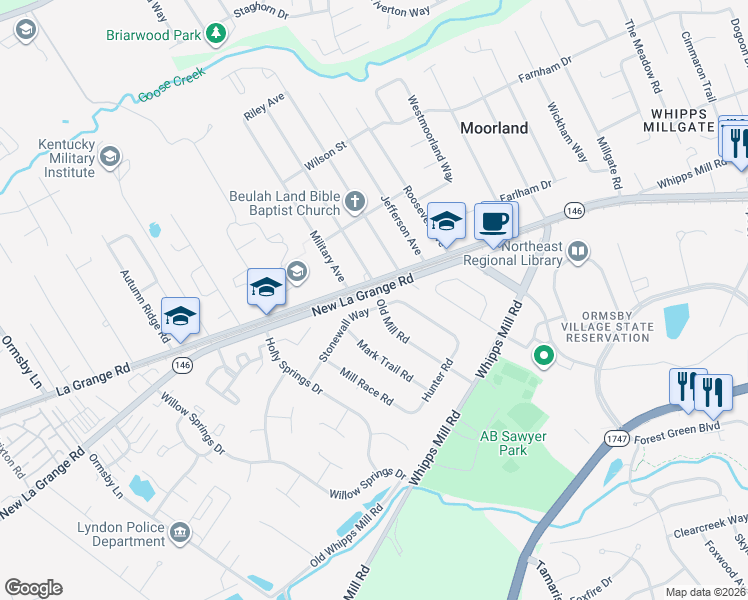 map of restaurants, bars, coffee shops, grocery stores, and more near 8915 La Grange Road in Louisville