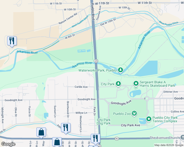 map of restaurants, bars, coffee shops, grocery stores, and more near 108 Park Drive in Pueblo