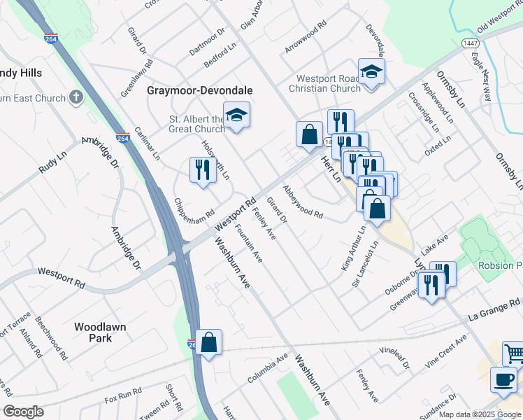 map of restaurants, bars, coffee shops, grocery stores, and more near 1111 Fenley Avenue in Louisville