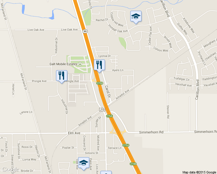 map of restaurants, bars, coffee shops, grocery stores, and more near 625 Carol Drive in Galt