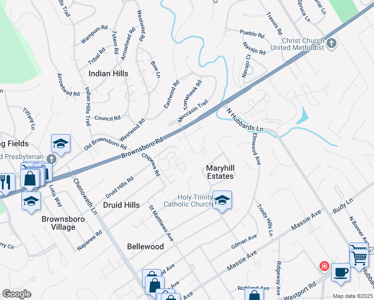map of restaurants, bars, coffee shops, grocery stores, and more near 4100 Stoneview Drive in Louisville