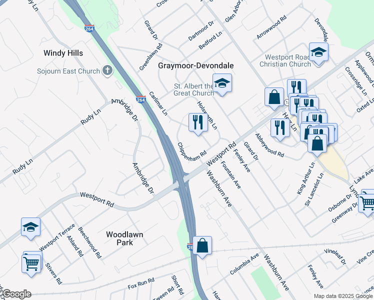 map of restaurants, bars, coffee shops, grocery stores, and more near 1105 Swindon Court in Louisville