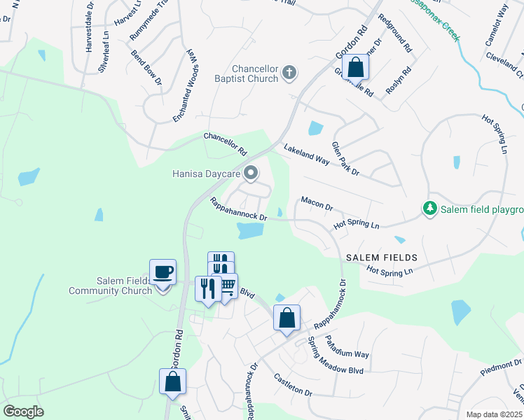 map of restaurants, bars, coffee shops, grocery stores, and more near 11303 Wytheville Lane in Fredericksburg