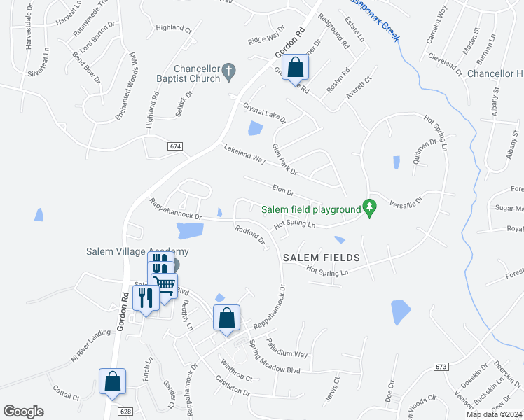 map of restaurants, bars, coffee shops, grocery stores, and more near 11206 Kenyon Lane in Fredericksburg