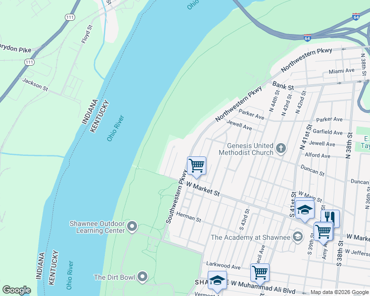 map of restaurants, bars, coffee shops, grocery stores, and more near 122 Northwestern Parkway in Louisville