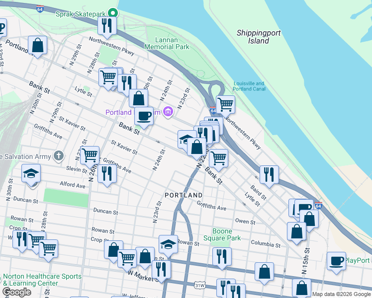 map of restaurants, bars, coffee shops, grocery stores, and more near 2142 Lytle Street in Louisville