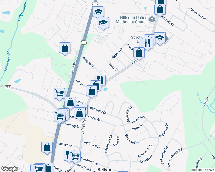 map of restaurants, bars, coffee shops, grocery stores, and more near 105 Wakeview Drive in Fredericksburg
