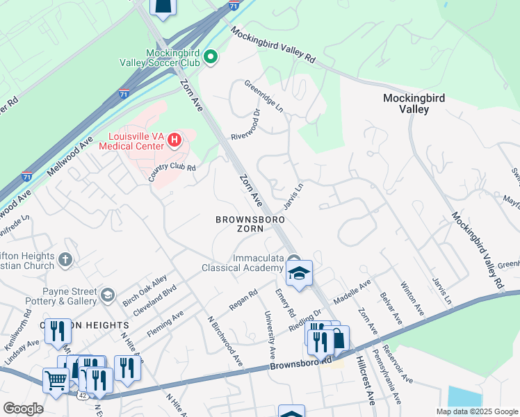 map of restaurants, bars, coffee shops, grocery stores, and more near 708 Zorn Avenue in Louisville
