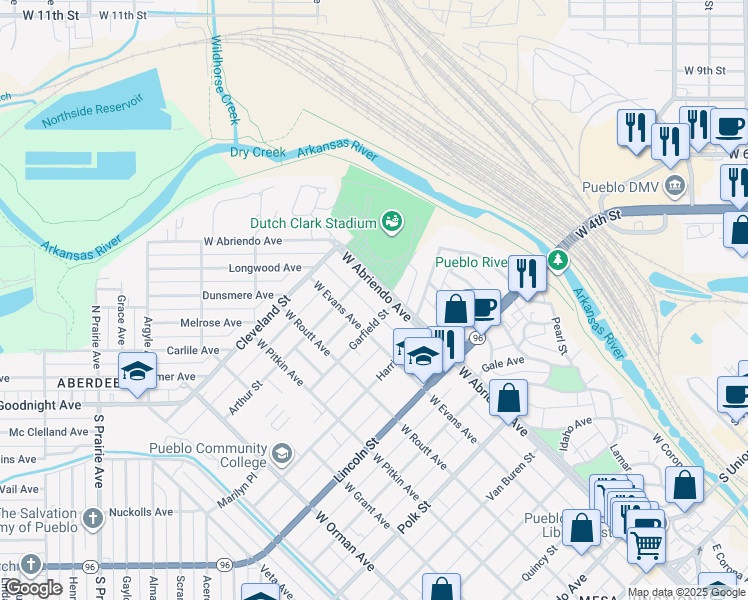 map of restaurants, bars, coffee shops, grocery stores, and more near 924 West Abriendo Avenue in Pueblo