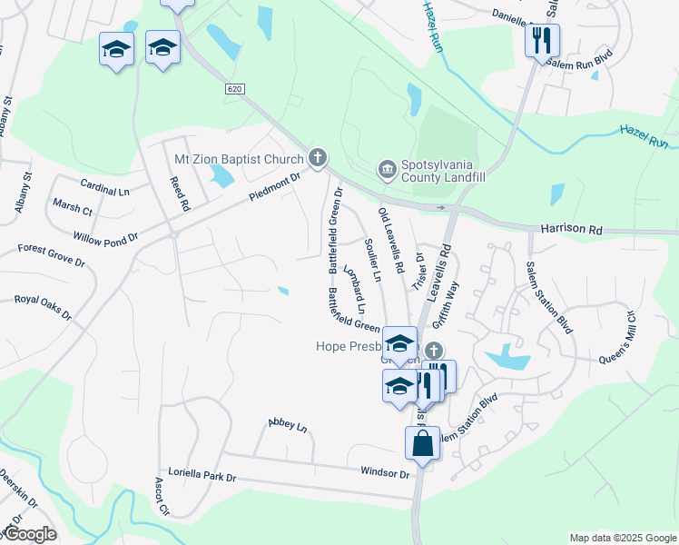 map of restaurants, bars, coffee shops, grocery stores, and more near 7022 Lombard Ln in Fredericksburg