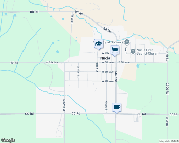 map of restaurants, bars, coffee shops, grocery stores, and more near 375 West 6th Avenue in Nucla