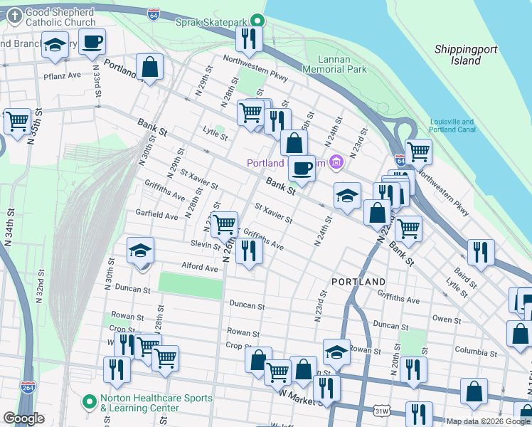 map of restaurants, bars, coffee shops, grocery stores, and more near 2539 Saint Xavier Street in Louisville