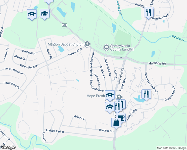 map of restaurants, bars, coffee shops, grocery stores, and more near 7022 Lombard Ln in Fredericksburg