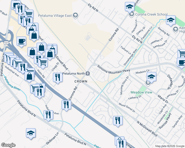map of restaurants, bars, coffee shops, grocery stores, and more near 360 Corona Road in Petaluma
